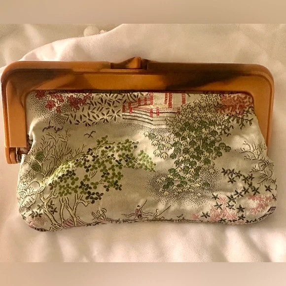 ***SOLD*** Vintage Asian Inspired Silk Clutch & Matching Coin Purse Tortoise - Picture 4 of 9